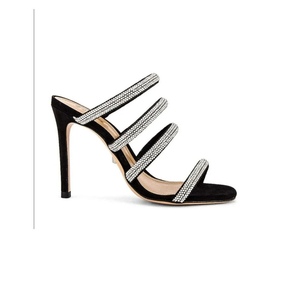 SCHUTZ Sariah Crystal Embellished Strap Heels Black & Cristal Size 9.5 Suede